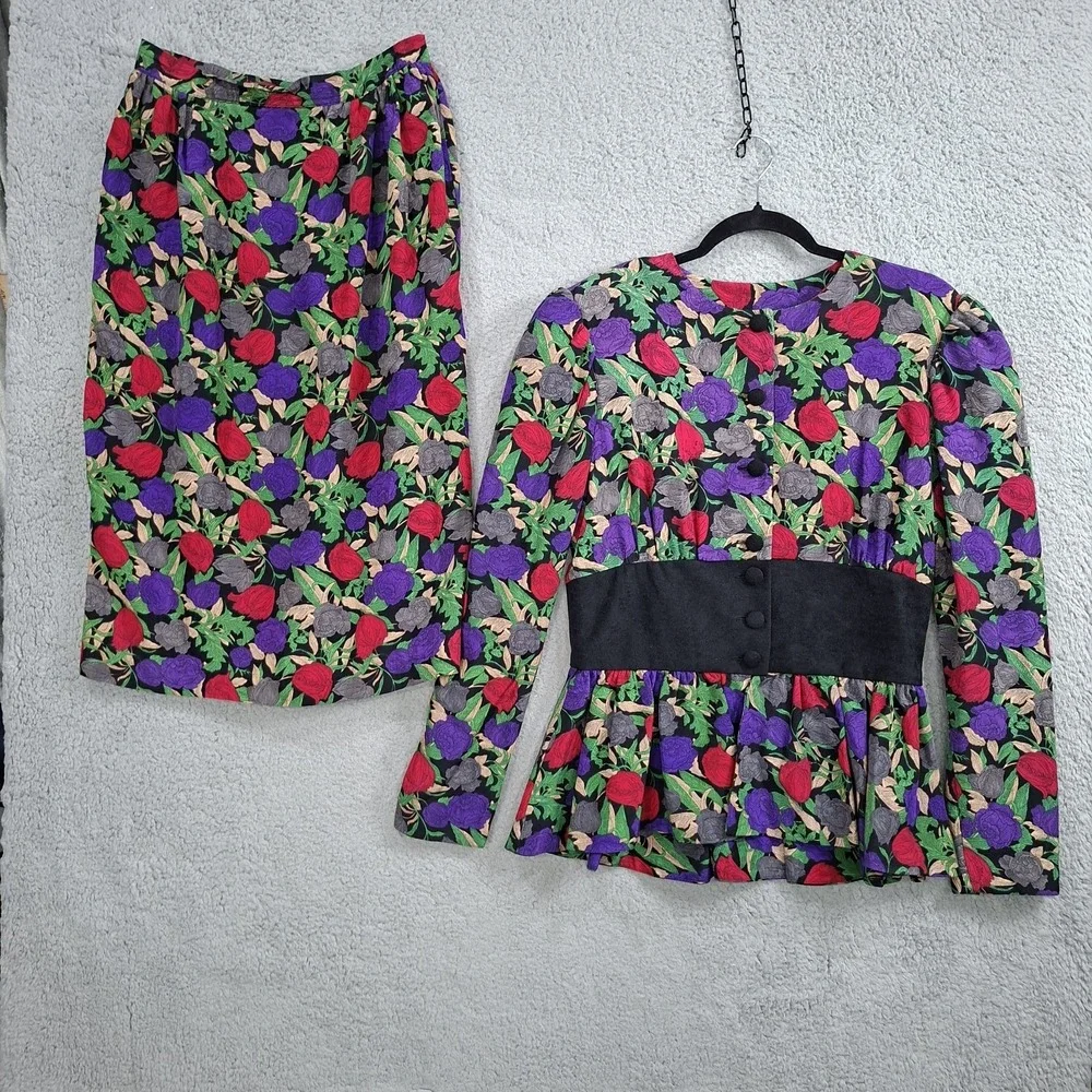 Vintage 80s Se Lah Skirt Suit 12 Bold Red Purple Floral Peplum Blazer‎ 2 Piece